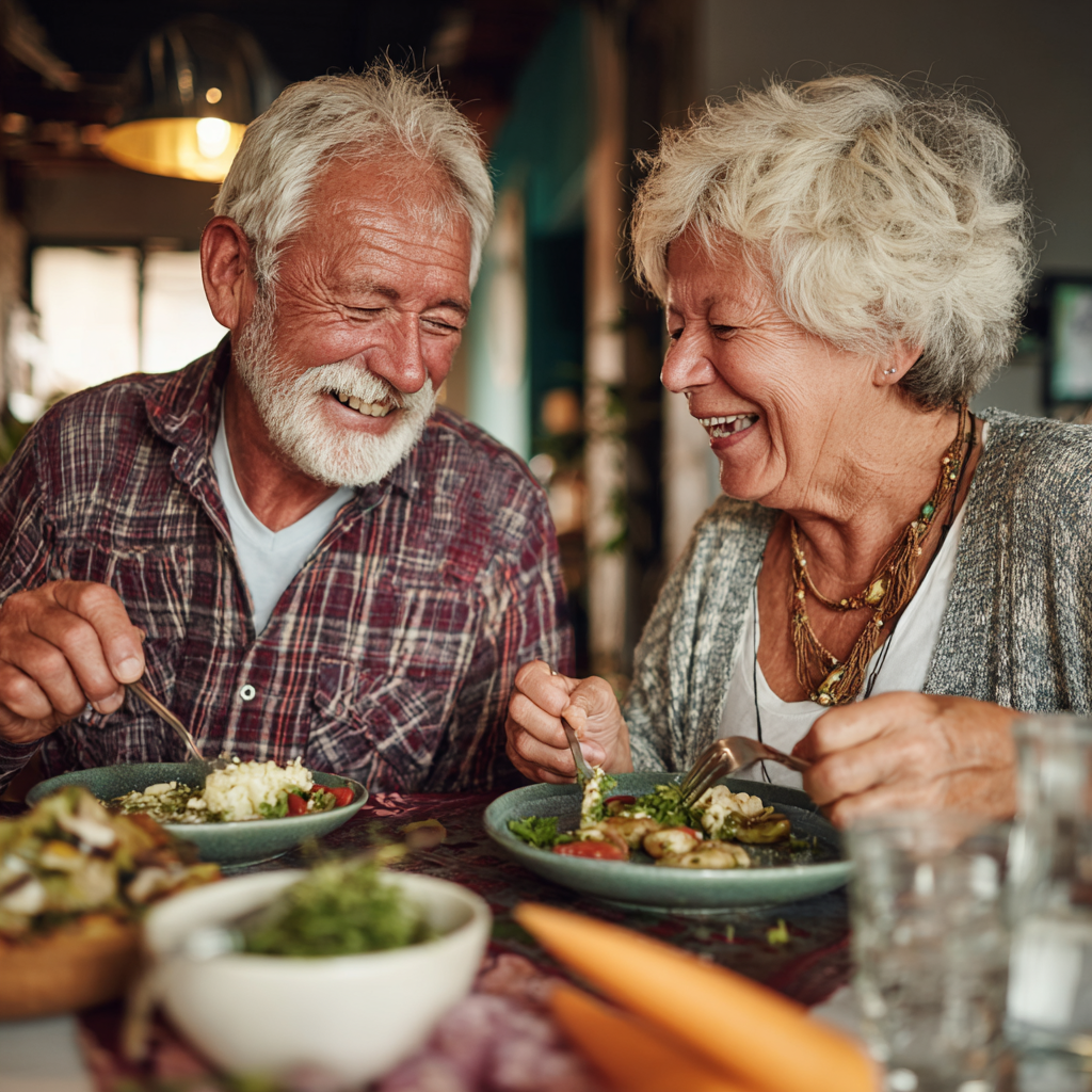 Happy senior couple sharing healthy homemade meal together at dining table